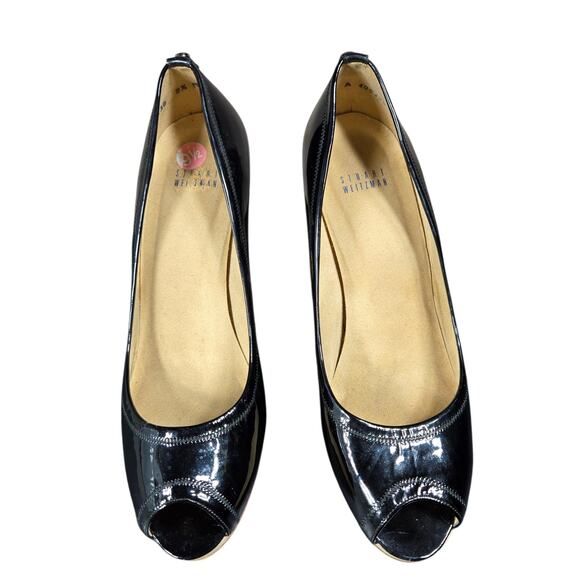 Stuart Weitzman Heels Women 9.5 Peep Toe Black Patent Leather Pumps Dress Formal - Picture 9 of 12